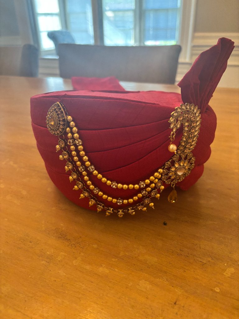 Red Raw Silk Groom Hat With Gold & Bronze Jewels + Matching Crepe Scarf Wedding